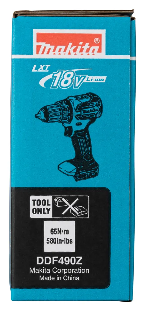 Pildil on Makita akutrelli DDF490Z karp, millel on näha toote pilt, teave tehniliste andmete kohta ja teave toote kohta.