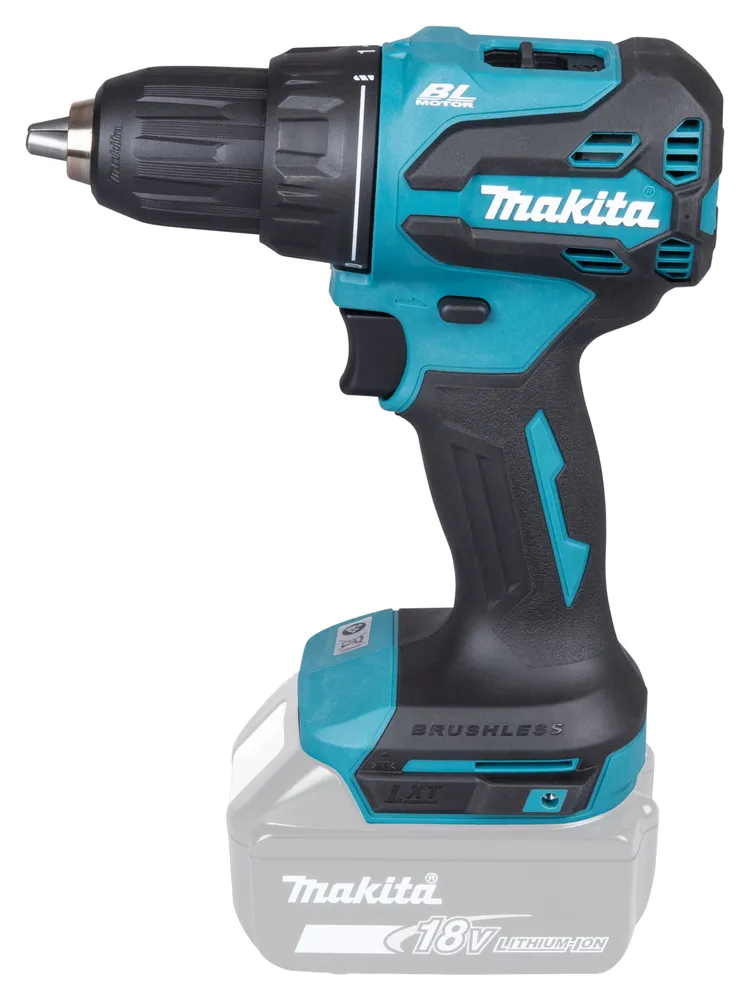 Pildil on Makita akutrell DDF490Z, ilma aku ja laadijata, nähtaval on trelli kere, mille küljes on kinnitatud aku.
