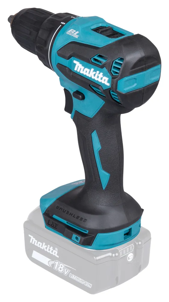 Pildil on Makita akutrell DDF490Z, ilma akuta ja laadijata, nähtavana on detailid trelli disainist ja konstruktsioonist.