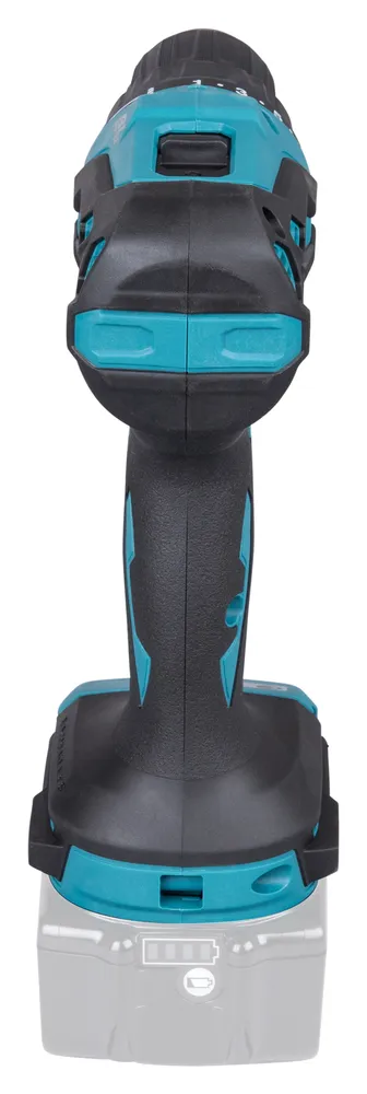 Pildil on tagantvaates Makita akutrell DDF490Z, millel on näha korpuse detailid ja aku kinnituse koht.