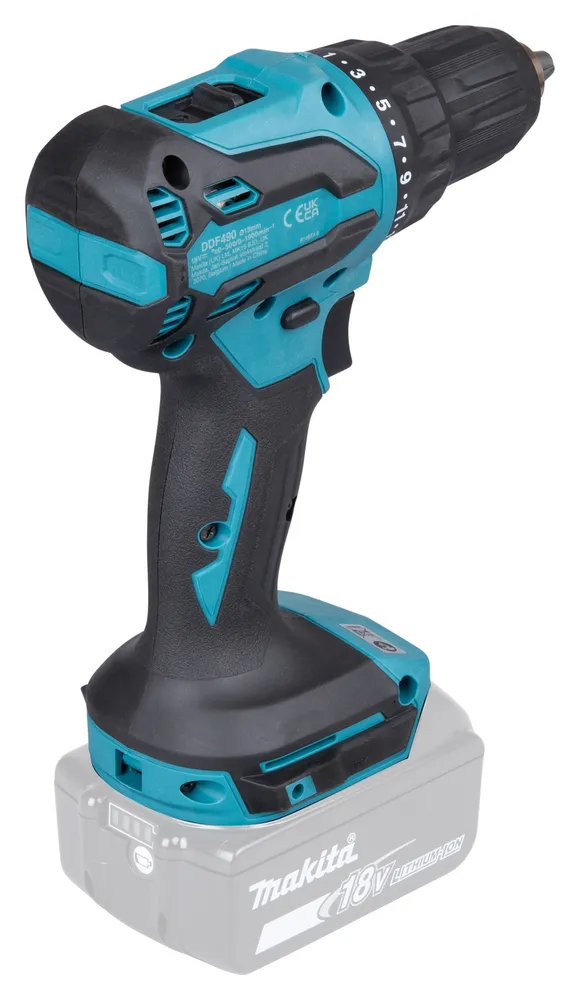 Pildil on Makita DDF490Z akutrell, millel on musta ja türkiissinise värvi detailid ning millel on nähtav ka 18V Li-Ion...
