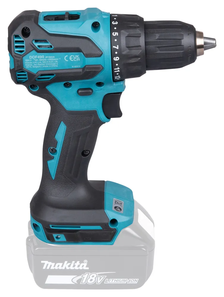 Pildil on Makita akutrell DDF490Z koos akuga, näidates toote disaini ja markeeringuid.