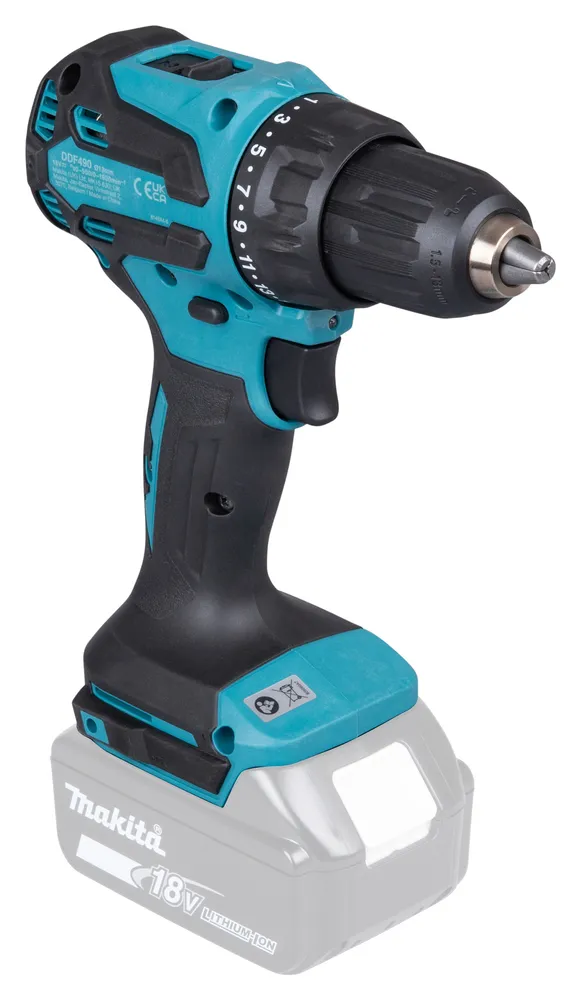 Pildil on Makita akutrell, mis on esitatud koos akuga, näidates toote väljanägemist.