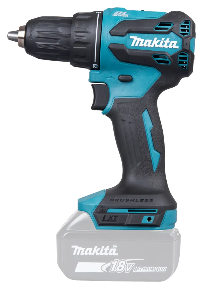 Pildil on Makita DDF490Z akutrell, millel on musta ja türkiissinise värvi detailid ning millega on komplektis ka aku.