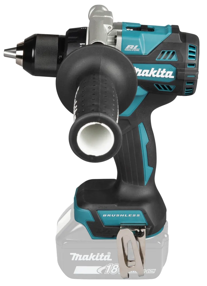 Pildil on Makita akutrell DDF492Z, millel on pöörlemisnurk, lisakäepide ja tugi aku kinnitamiseks.