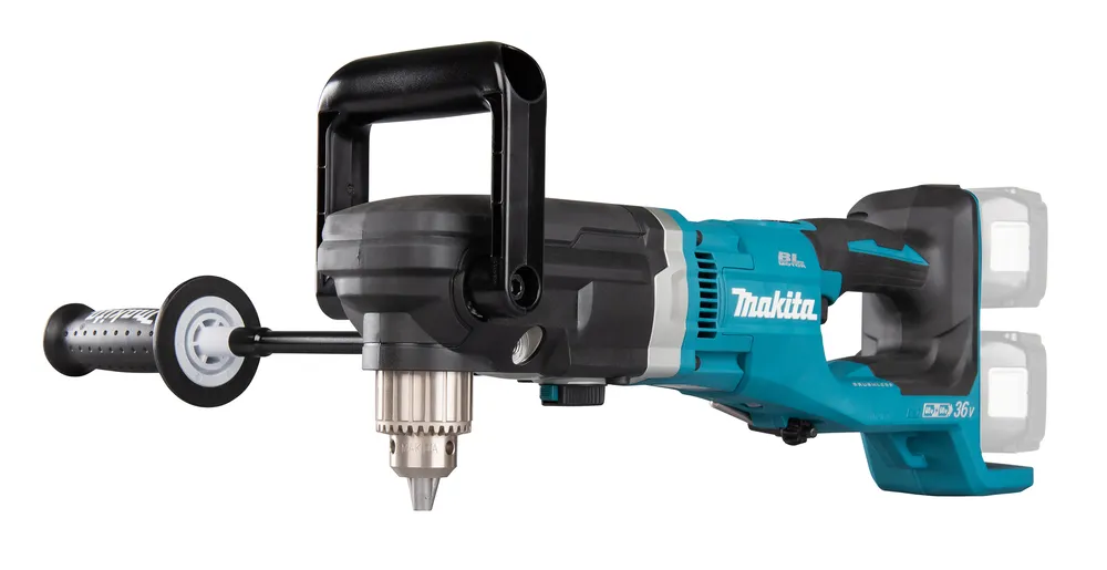 Pildil on Makita akunurktrell DDA460ZK, millel on must lisakäepide ja kaks akut.
