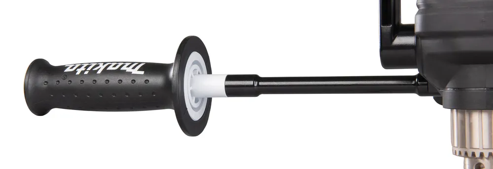 Pildil on näha Makita akunurktrelli DDA460ZK must käepide, mis on kinnitatud läbi valge plastiklokaatori mustale...