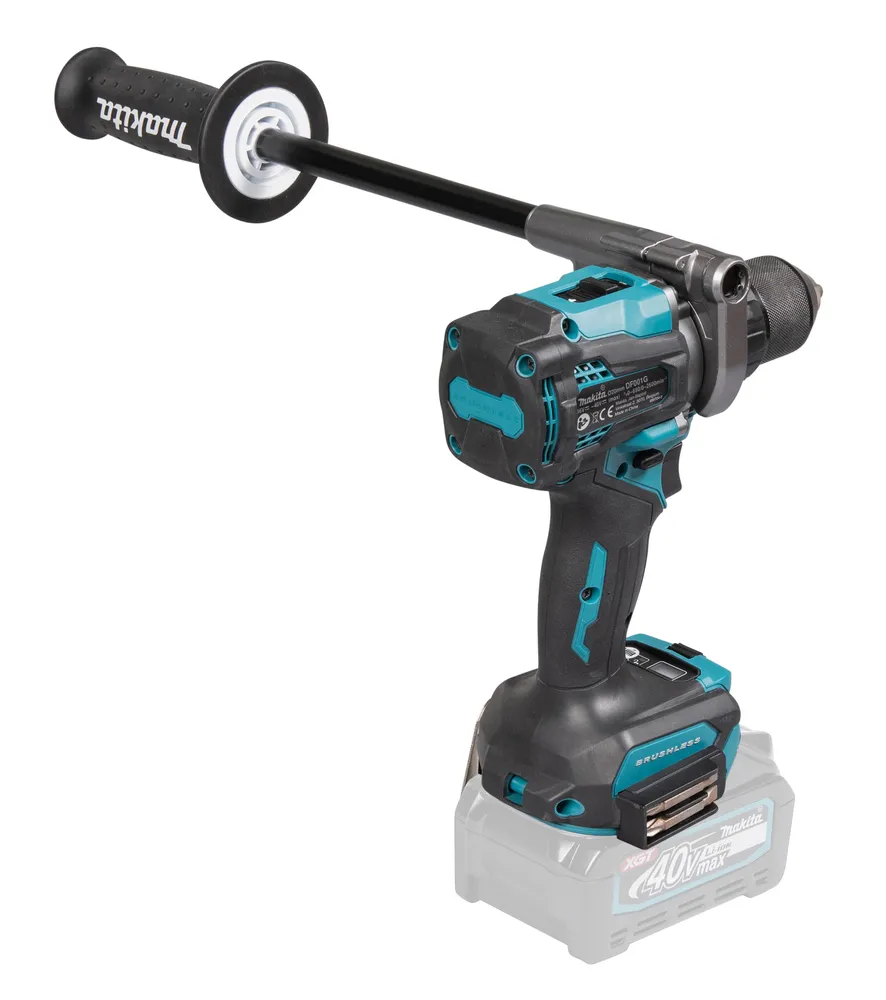 Pildil on näha Makita akupuurvasar DF001GZ01, mis on tööriist, millel on tugikäepide ja tagaküljel olev 40V XGT aku...