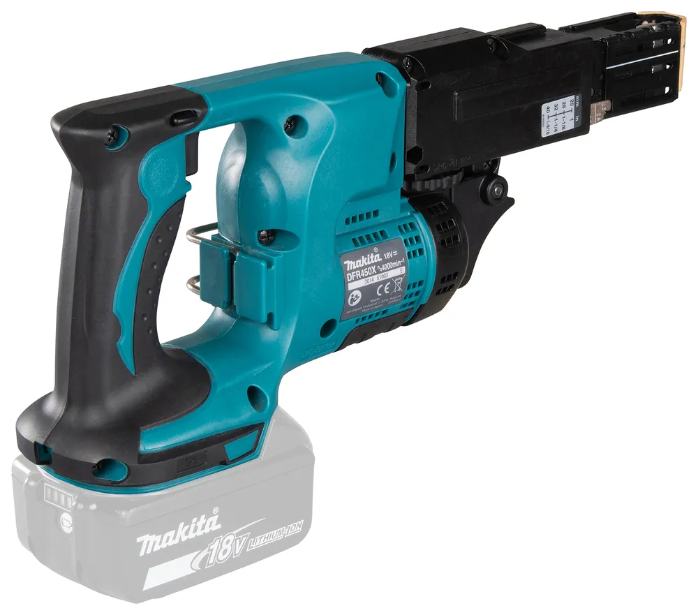 Pildil on Makita akulindikruvikeeraja DFR450ZX, millel on rohekas korpus, must käepide ja detailid ning aku pesa.