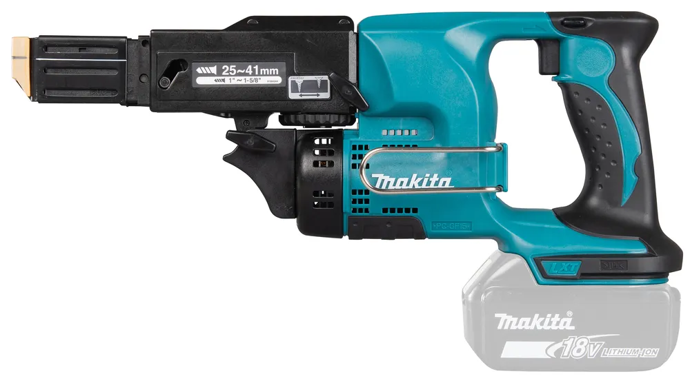 Pildil on Makita akulindiskruvikeeraja DFR450ZX, millel on kinnitatud aku ja mis on valmis kasutamiseks.