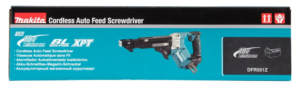 Pildil on näha Makita akulindikruvikeeraja DFR551Z, mis on karbil kujutatud.