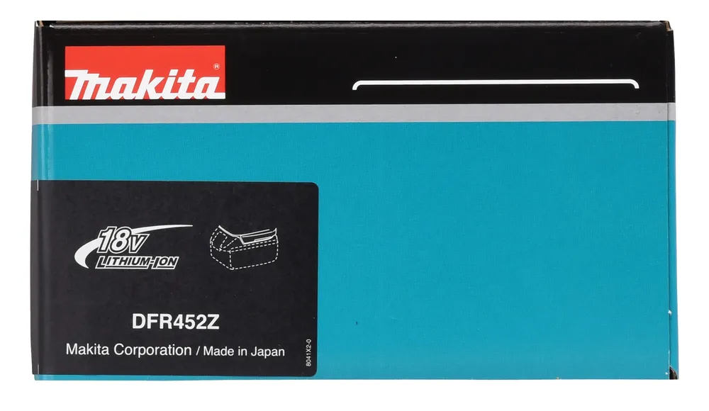 Pildil on Makita akulindiskruvikeeraja DFR452Z karp, millelt on näha tootja logo, tehnilised andmed ja info toote...