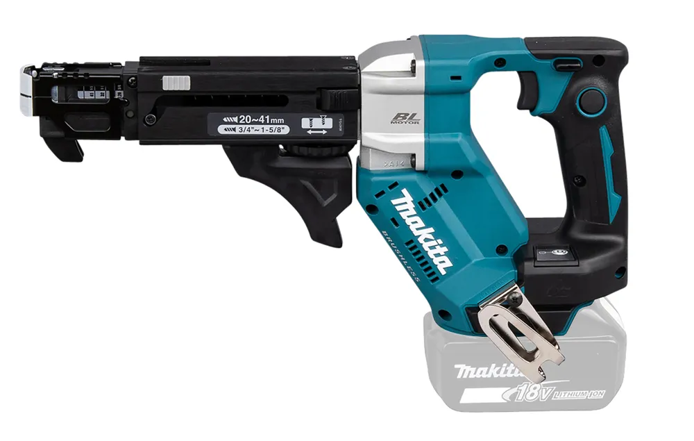 Pildil on Makita akulindikruvikeeraja DFR452Z, millel on mustad ja helesinised detailid ning mis näib olevat valmis tööks.