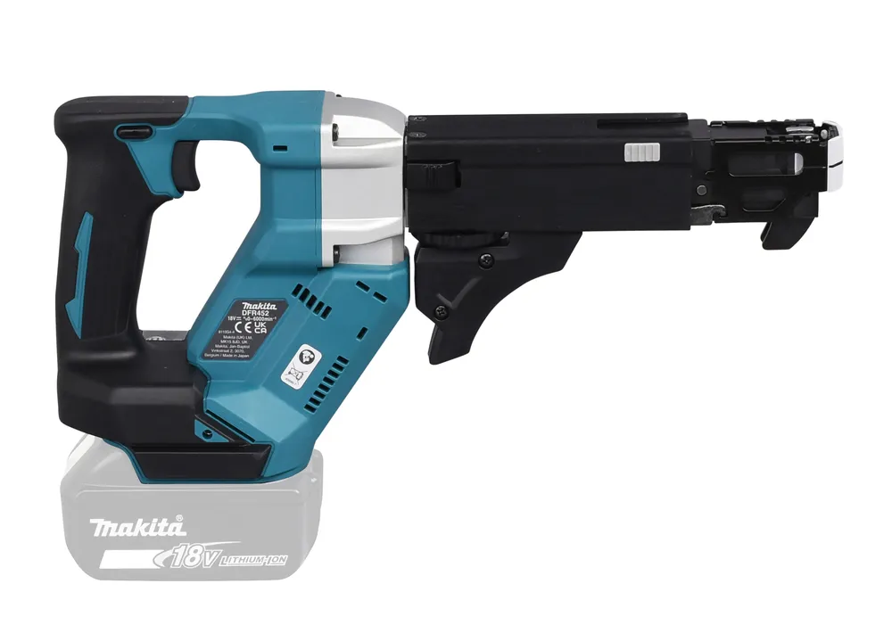 Pildil on Makita akulindikruvikeeraja DFR452Z, millel on mustad ja helesinised detailid, aku puudub.