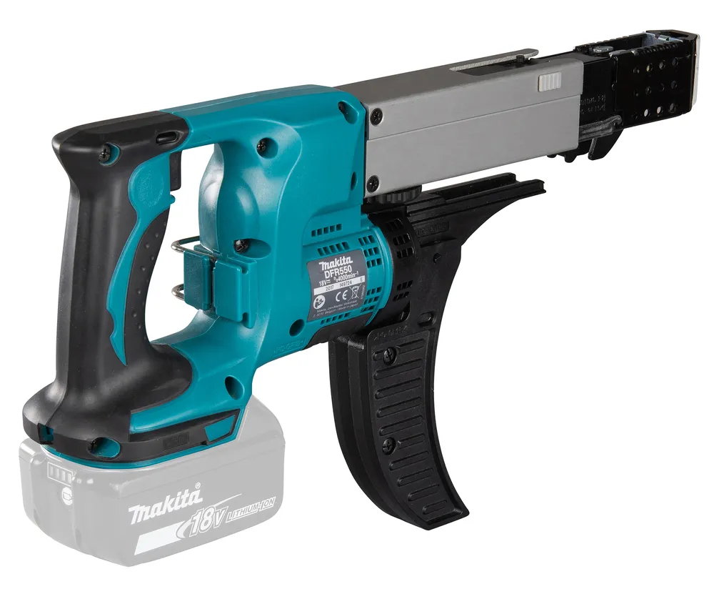 Pildil on Makita akulindikruvikeeraja DFR550ZX1, millel on roheline korpus, mustad detailid ja hallid pikendused, ning...