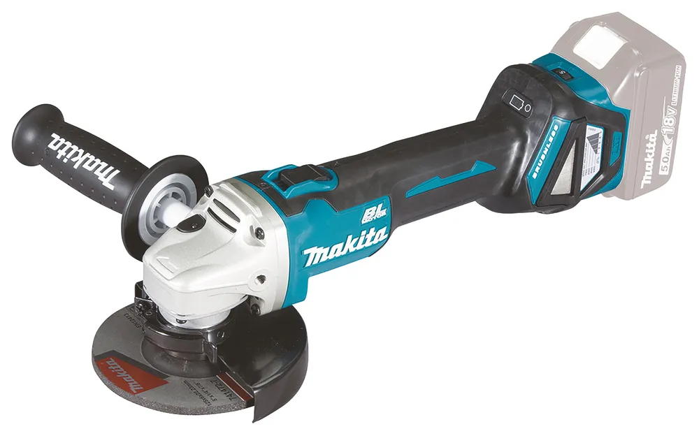 Pildil on näha Makita akunurklihvija DGA511Z, millel on must käepide ja sinised detailid.