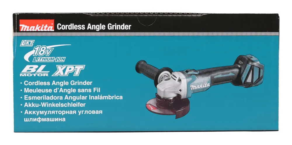 Pildil on kujutatud Makita akunurklihvija DGA511Z pakend koos nurklihvija endaga.