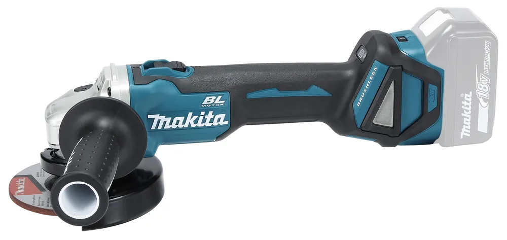 Pildil on Makita akunurklihvija DGA511Z, millel on reguleeritavad pöörded ning mida on näha ilma aku ja laadijata, koos...