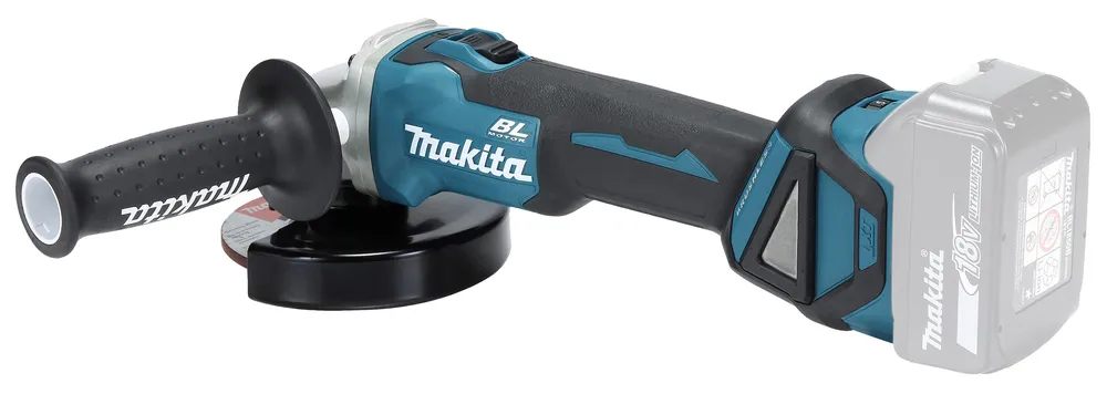 Pildil on Makita DGA511Z akunurklihvija, mis on näidatud koos lisatarvikutega nagu reguleeritavate pöörete mehhanism ja...