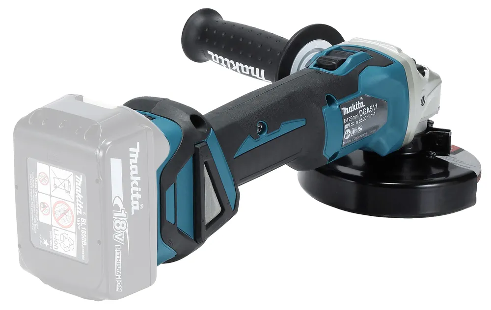 Pildil on näha Makita akunurklihvija DGA511Z, millel on kaasas tugikäepide ja kaitsekate.