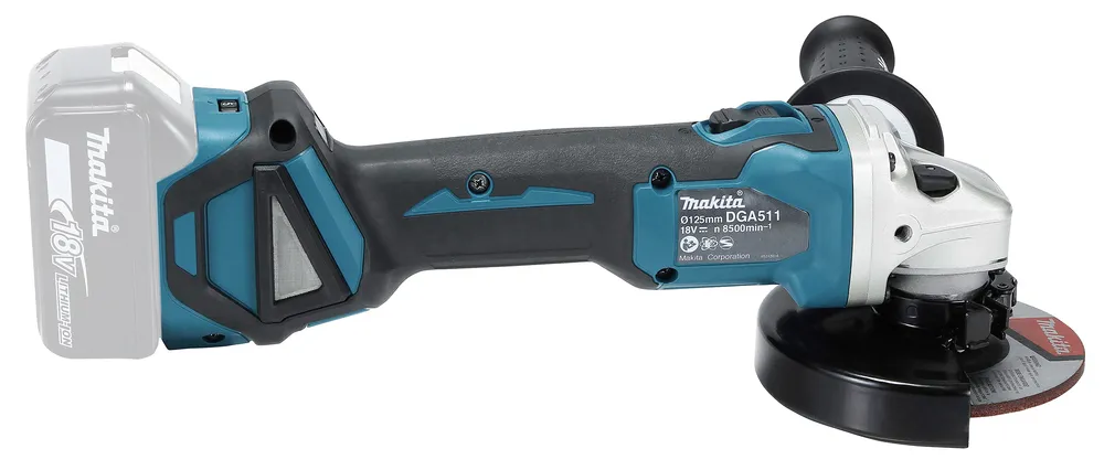 Pildil on Makita DGA511Z akutoitel nurklihvija, millel on reguleeritavad pöörded ning küljes on 18V aku.