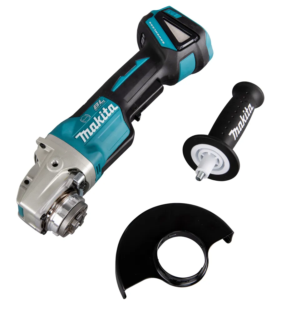 Pildil on Makita akunurklihvija DGA520ZX1 koos lisatarvikute, nagu abikäepide ja kaitseplekk.