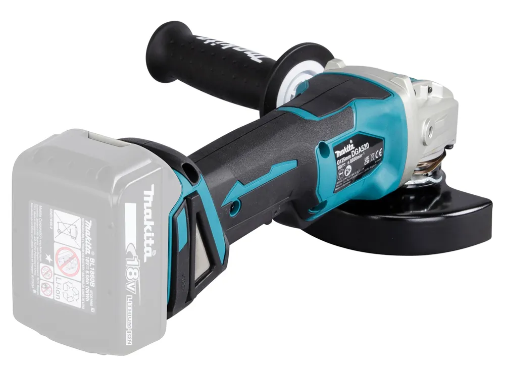 Pildil on näha Makita akunurklihvija DGA520ZX1 koos akuga, ilma akude ja laadijata.