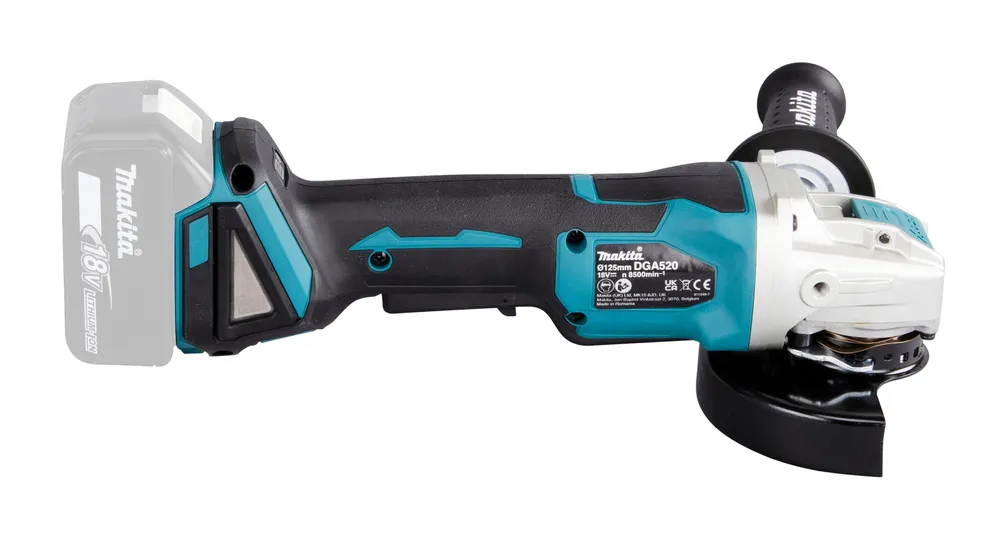 Pildil on Makita DGA520ZX1 akunurklihvija, mis on ilma aku ja laadijata.