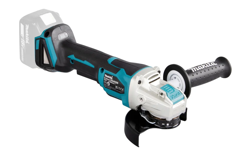 Pildil on Makita akunurklihvija DGA520ZX1, millel on aku ja käepide.