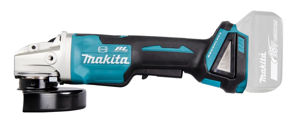 Pildil on Makita DGA520ZX1 akutööriist, mis on nurklihvija ja millel on näha ka 18V aku.