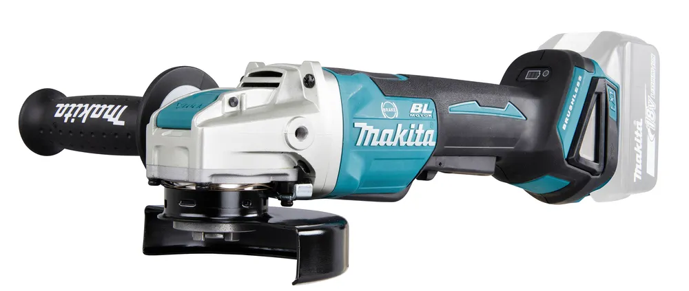 Pildil on näha Makita akunurklihvija DGA520ZX1 koos lisakäepideme ja lõikekettakaitsega.