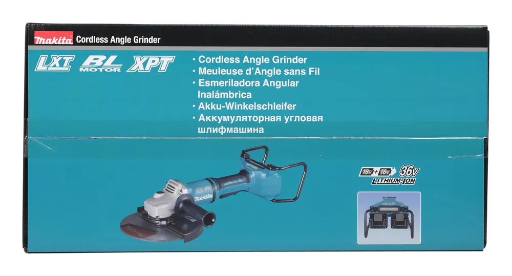 Pildil on Makita akutoitel töötav nurklihvija DGA900ZX1, mis on pakendil kujutatud koos oma omaduste ja...