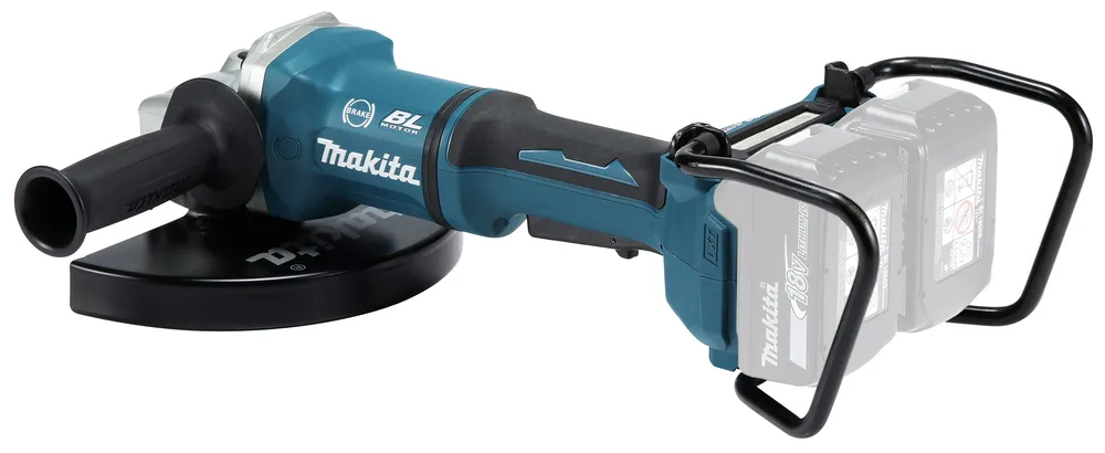 Pildil on Makita DGA900ZX1 akunurklihvija koos akude ja kaitserauaga.