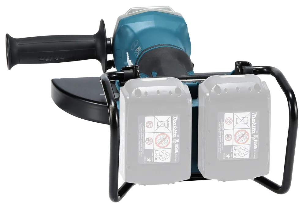 Pildil on Makita akunurklihvija DGA900ZX1 ilma aku ja laadijata, millel on toetav metallraam kahele akule.