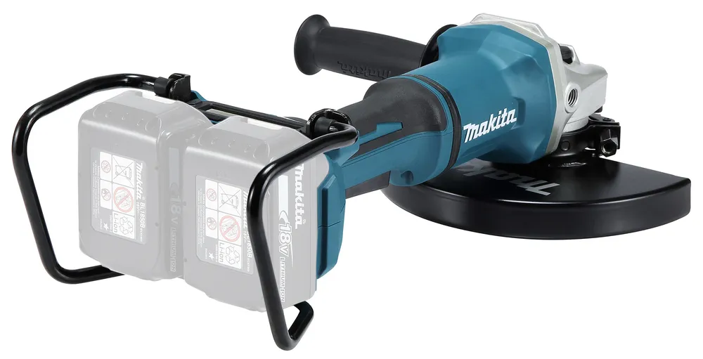 Pildil on kujutatud Makita akunurklihvija DGA900ZX1, mida toetab kaheringiline metallraam kahe akuga, mis on paigutatud...