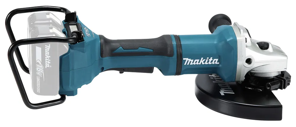 Pildil on näha Makita akunurklihvija DGA900ZX1, millel on toetav käepide ja must kaitseketas.