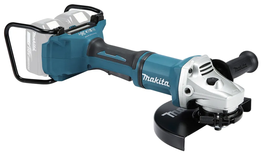 Pildil on kujutatud Makita DGA900ZX1 akunurklihvija, millel on näha ka kaks akut ja käepide.