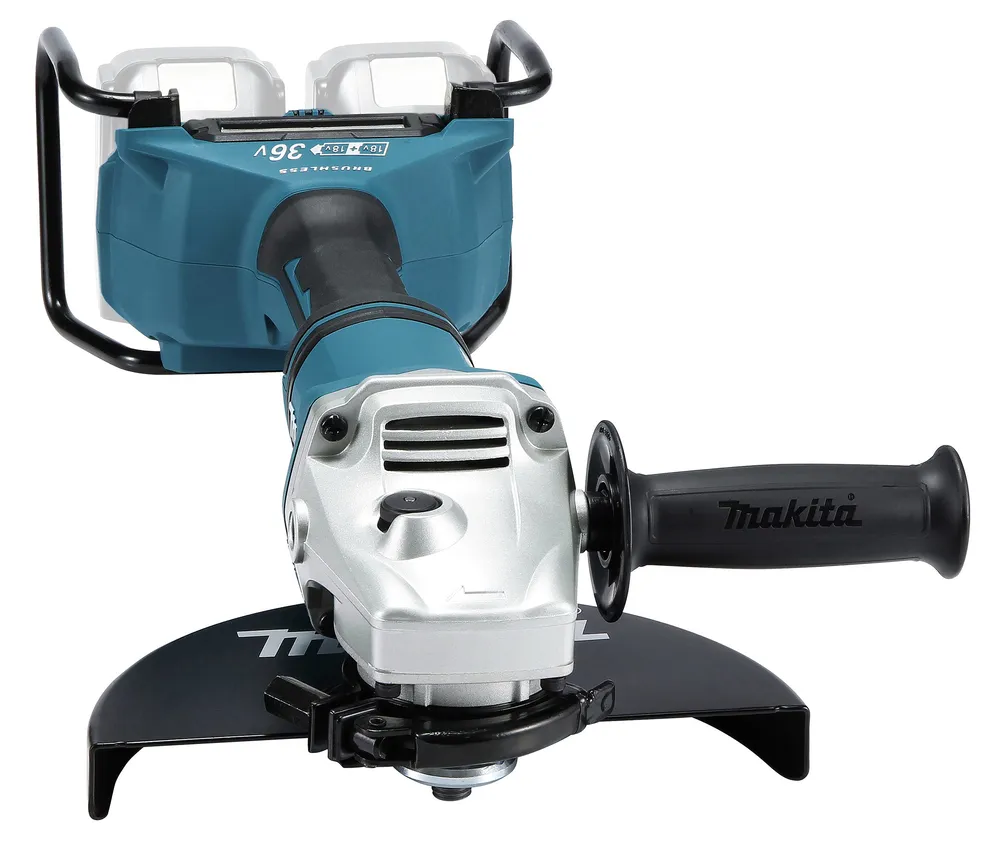 Pildil on Makita akunurklihvija DGA900ZX1, mis on varustatud kaitserauaga ja kahe akukohaga.