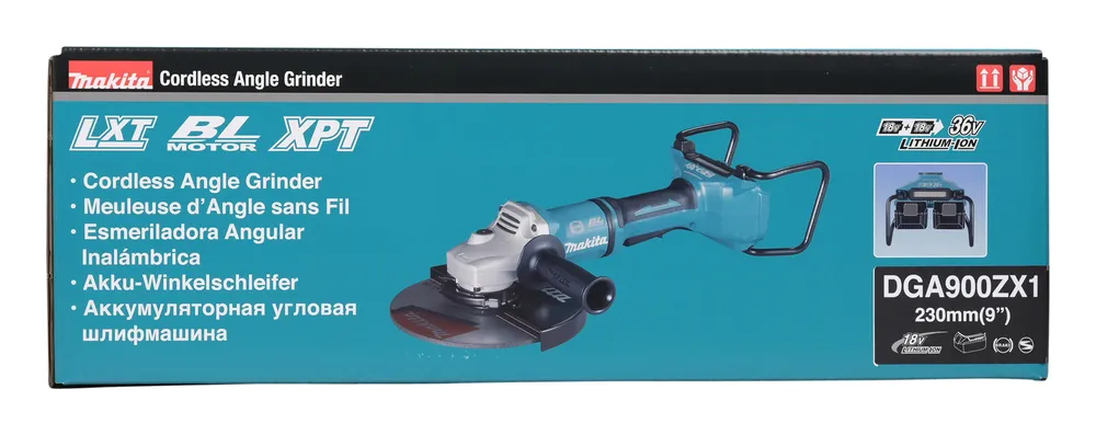 Pildil on näha Makita DGA900ZX1 akutööriista pakend, millel on kujutatud tööriista ja selle tehnilisi omadusi.