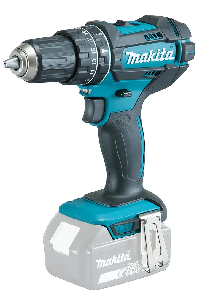 Pildil on Makita akulööktrell DHP482Z, näidatud on selle disain ja funktsioonid, nagu reguleeritav sidur, LED-tuli ja aku...