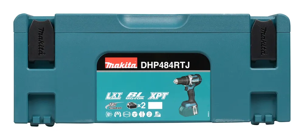 Pildil on Makita akulööktrell DHP484RTJ sinises makpac kohvris.