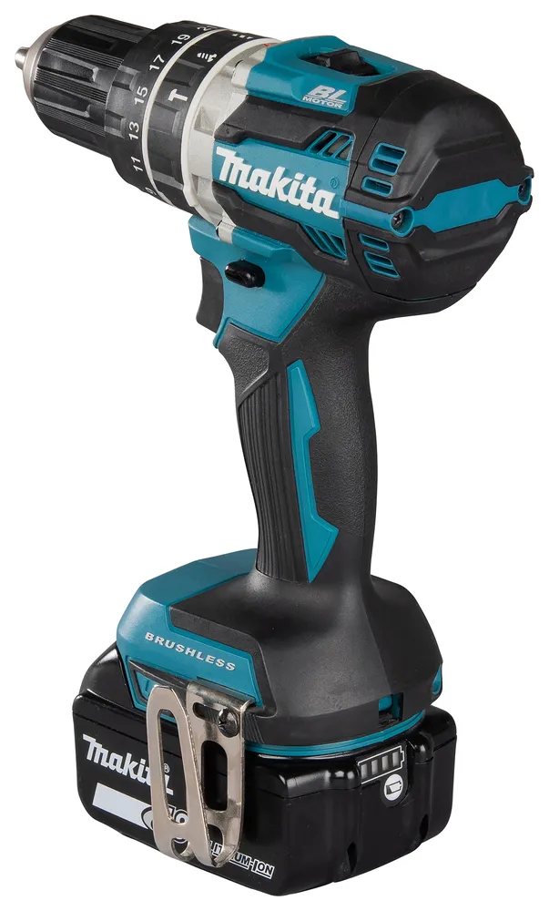 Pildil on Makita akulööktrell DHP484RTJ koos akuga, mis on varustatud käepideme ja löögirežiimiga.