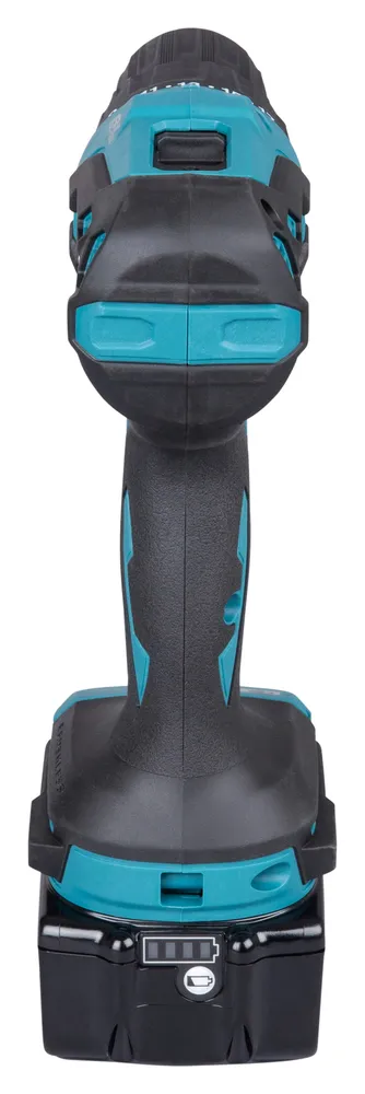 Pildil on Makita akulööktrell DHP490SF1J, millel on must ja türkiissinine korpus ning akukomplekt.