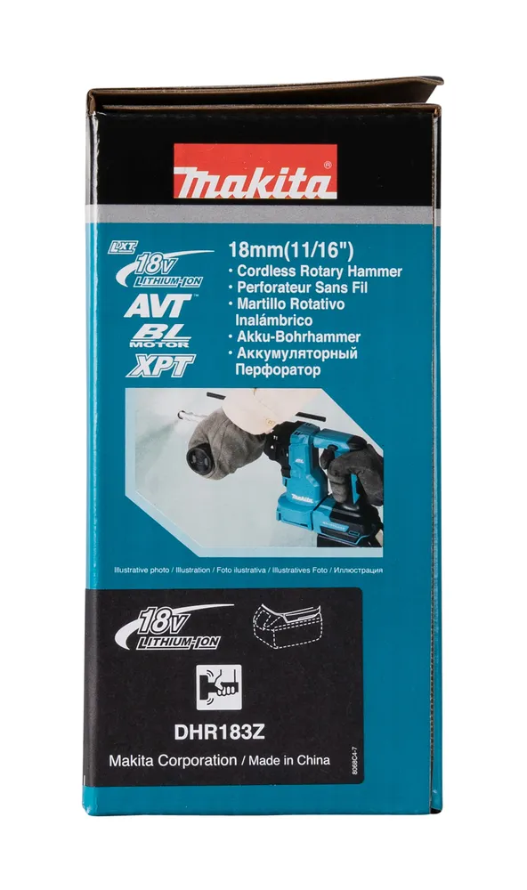 Pildil on Makita akupuurvasar DHR183Z pakend, millel on selgelt näha brändi logo ja toote nimetus.