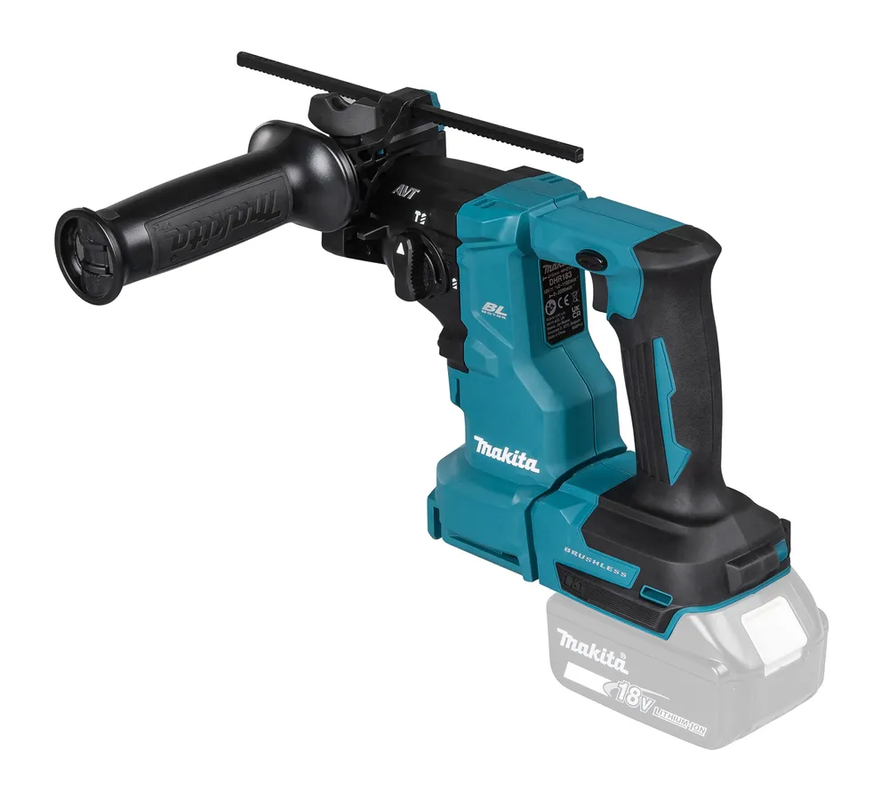 Pildil on Makita akupuurvasar DHR183Z, millel on sinine ja must korpus ning lisaks külge kinnitatud käepide ja akukarp.
