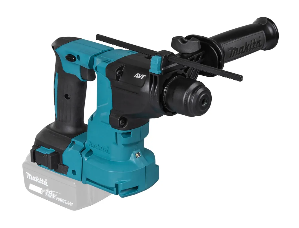 Pildil on Makita akupuurvasar DHR183Z, millel on sinine ja must korpus, lisakäepide ja 18V akupakend.