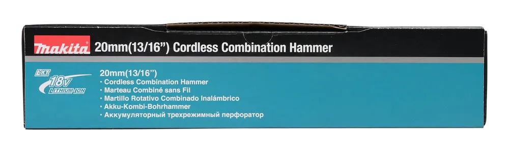 Pildil on Makita akupuurvasara DHR202Z pakend, millel on kirjas "20mm(13/16'') Cordless Combination Hammer" ning selle...