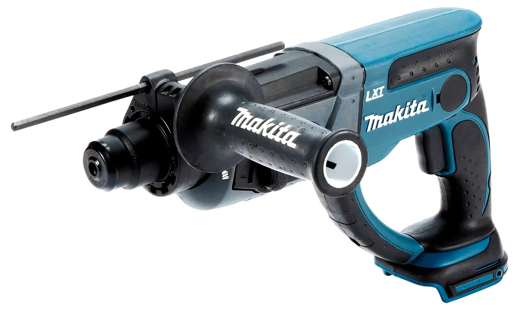 Pildil on Makita akupuurvasar DHR202Z, millel on sinine ja must korpus, lisakäepide ja puur.