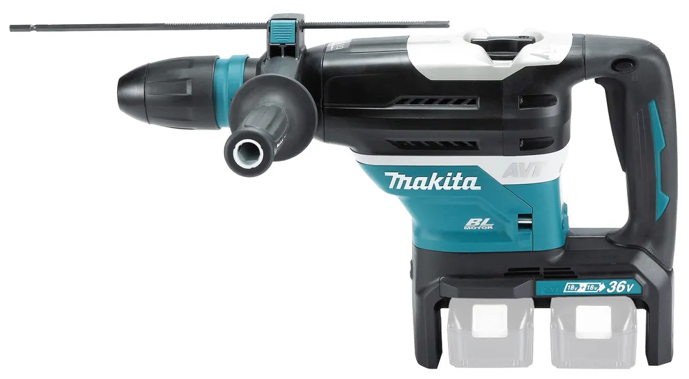 Pildil on Makita akupuurvasar DHR400ZKUN, ilma aku ja laadijata, millel on terav otsik ja sinine käepide.