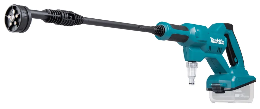 Pildil on Makita akusurvepesur DHW180Z, millel on püstol ja düüside komplekt, ning see on pildistatud valgel taustal.